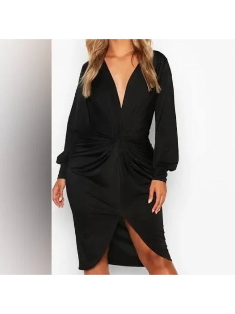 Boohoo Plus Size Twist Front Plunge Long Sleeved V Neck Midi Dress